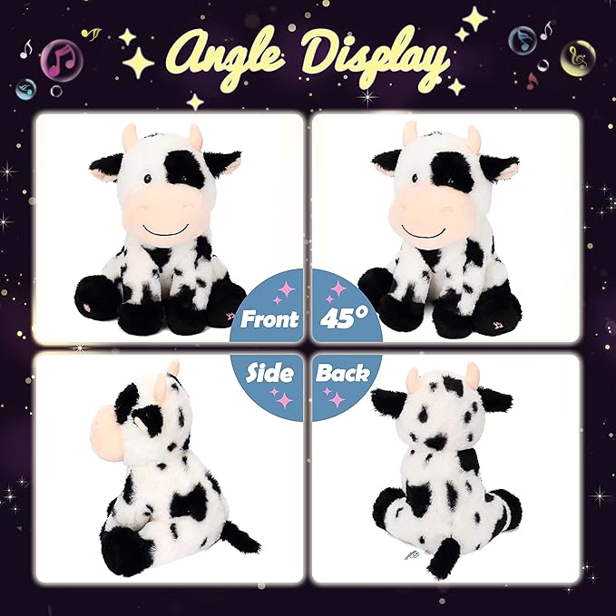 Hopearl LED Musical Stuffed Smile Cow Lighting Up Singing Plush Toy Adjustable Volume Lullaby Animated Soothe Birthday Festival for Kids Toddler Girls, 11'