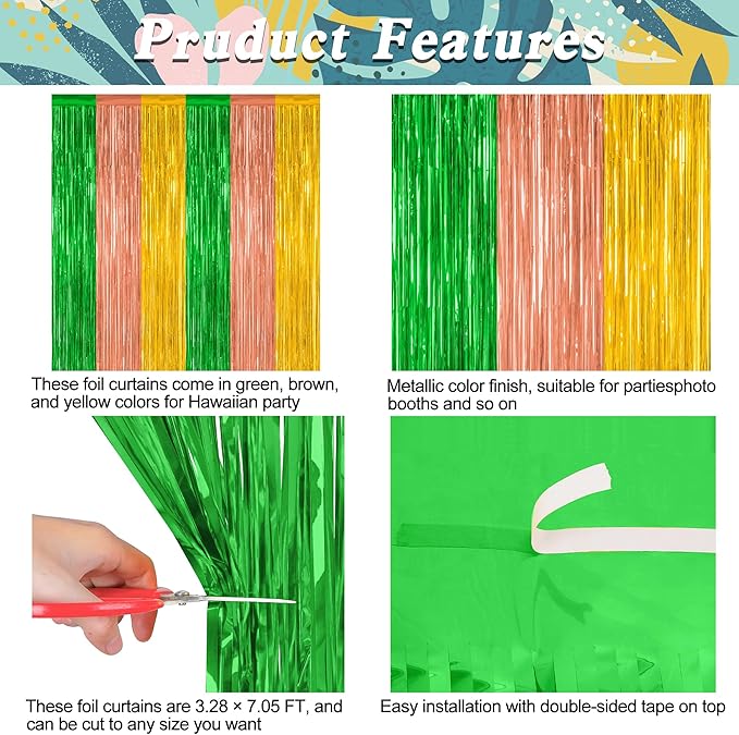 8 Pack Hawaiian Party Decorations, 3.28 FT x 7.05 FT Luau Party Decorations, Green Brown Yellow Backdrop Fringe Curtains Foil Streamer, Metallic Summer Decor Photo Booth Props