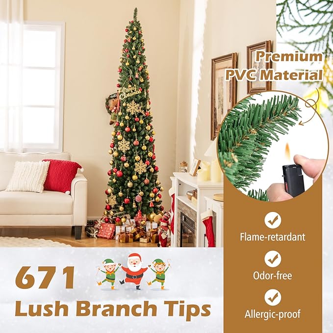 GOFLAME 8FT Pencil Christmas Tree, Slim Artificial Xmas Tree with 671 Memory Wire Branch Tips & Upgraded Metal Stand, Seasonal Holiday Decoration Tree for Home Office Party