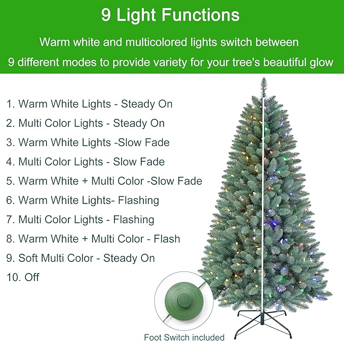 6.5FT Prelit Slim Artificial Christmas Tree with 813 Branch Tips, 250 Dual-Color LED Lights and Metal Stand, Realistic Skinny Pencil Blue Spruce Tree for Holiday Décor