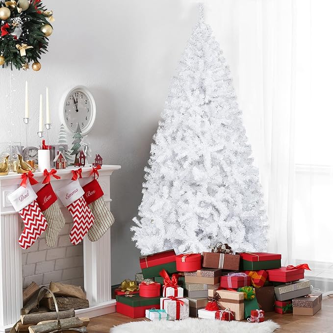 Bonnlo 6 ft White Unlit Artificial Christmas Pine Tree Xmas Tree Holiday Party Decoration with Sturdy Metal Stand, Full 1100 Tips Branch for Indoor and Outdoor