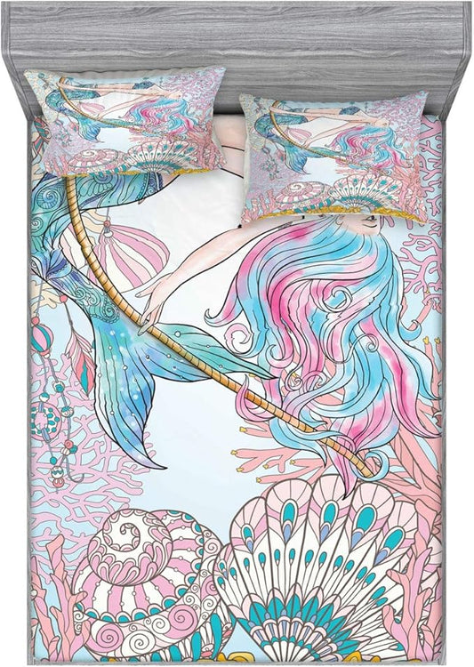 Ambesonne Mermaid Fitted Sheet & Pillow Sham Set, Cartoon Woman in Sea Sirens of Greek Myth Female Human Tail of Fish Image, Decorative Printed 3 Piece Bedding Decor Set, Full, Pink Navy