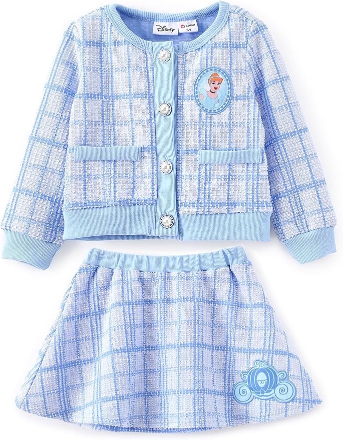 Disney Frozen Elsa Stitch Princess Moana Minnie Toddler Girl 2 Piece Outfit Kid Pearl Button Knit Top & Tweed Skirt Set 2-13Y