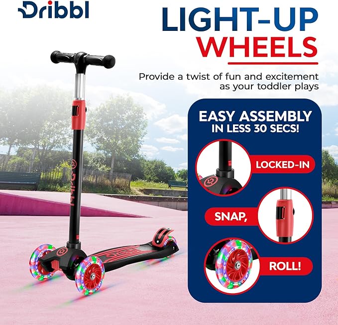 3-Wheel Kids Scooter - Lean-to-Steer Technology, Adjustable Height Handlebar, Anti-Slip Deck, Scooter for Boys & Girls Ages 3+, Child Safety Approved, Support Rider Up To 165 lbs, Black and Red