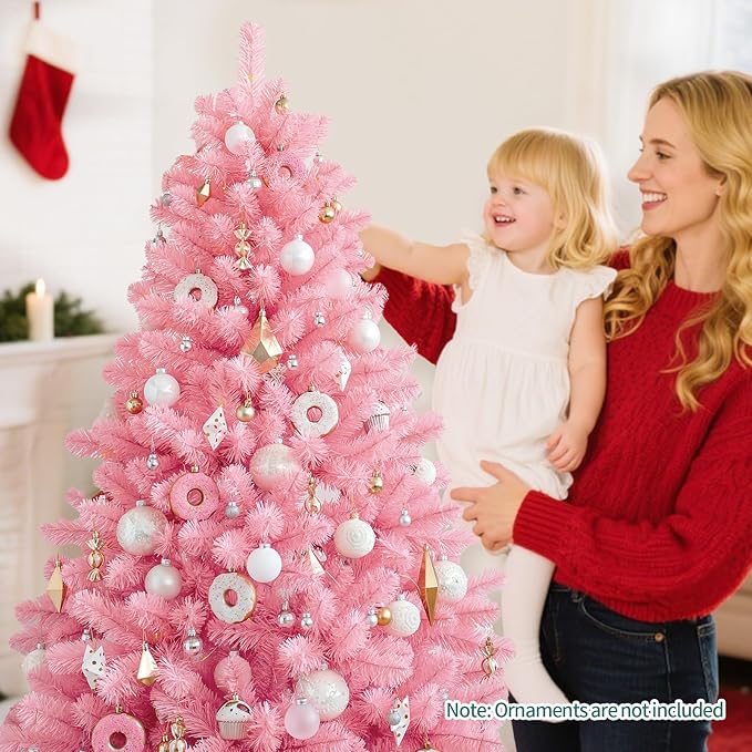 Annecy 6ft Pre-Lit Christmas Tree, Pink Artificial Full Spruce Christmas Tree for Home, Office, Party Decoration w/ 970 Branch Tips, 250 Warm White & Multi-Color Lights, Metal Hinges & Base, Pink 6ft