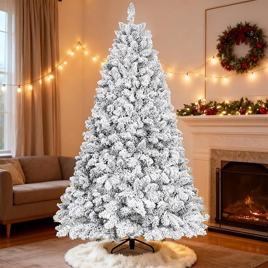 6ft Unlit Snow Flocked Christmas Tree, Artificial Christmas Tree with Pine Cones,888 Branch Tips, Premium Spruce Full Xmas Tree for Easy Holiday Setup, Foldable Metal Base