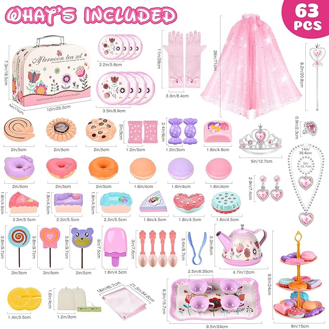 Tea Party Set for Little Girls, 63Pcs Pretend Play Toys, Princess Dress Up Tea Time, Tin Tea Sets for Toddlers 3-5 6 with Dessert, Carrying Case, Kids Kitchen Playset, Birthday Gift for Toddler Girls