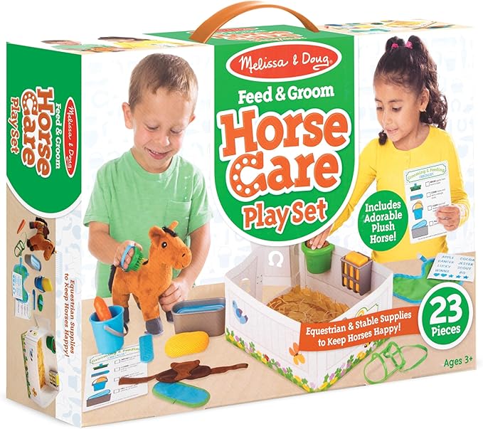 Melissa & Doug Feed & Groom Horse Care Play Set With Plush Stuffed Animal (23 pcs) - Pretend Play Horse Plush Toys For Girls And Boys Toddlers Ages 1+, Multi-colored
