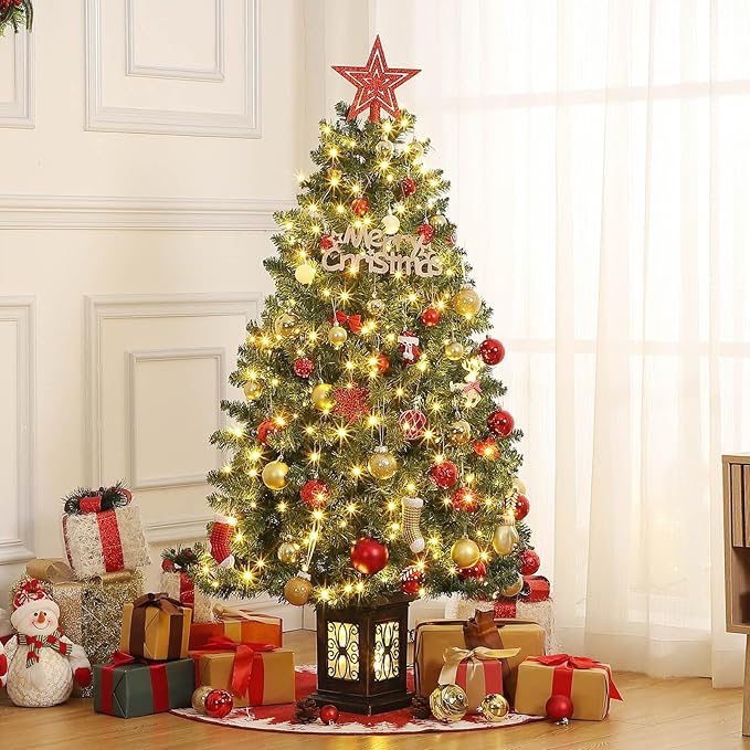 Garvee Pre-lit Artificial Christmas Tree with Warm White Lights, Green Full Christmas Tree 4.5 ft with 8 Light-Modes, Pre Lighted Xmas Tree W/460 Branch Tips, 300 Light & Antique Urn Base,2 PCS