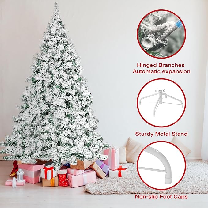 7 ft Premium Hinged Artificial Holiday Christmas Tree for Home, Office, Party Decoration Snow Flocked Xmas Pine with 1,000 Branch Tips, Easy Assembly, Metal Hinges & Base, White