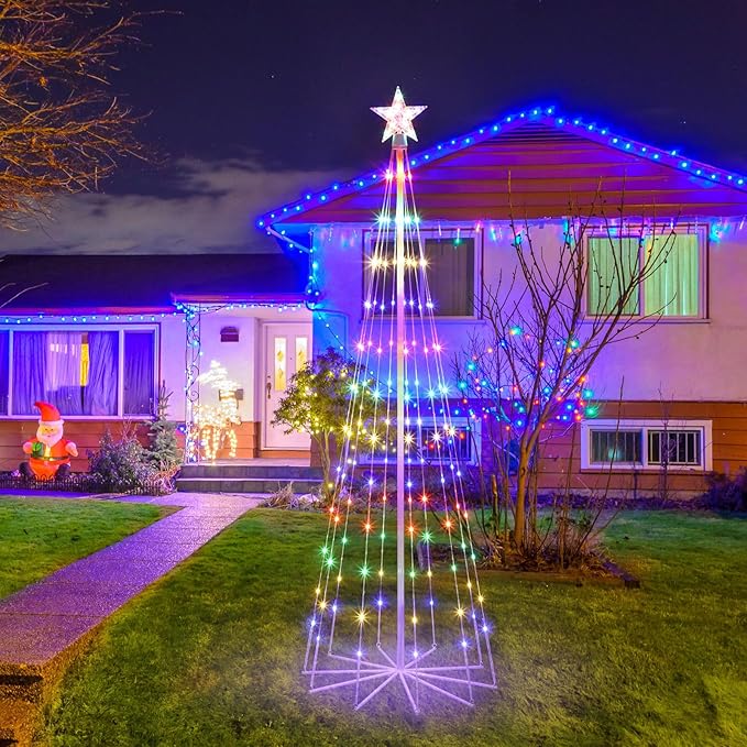 10' LED Animated Outdoor Christmas Tree, Multicolor Lightshow Lighted Cone Wire Tree with Topper Star, Christmas Outdoor Decorations Artificial Lighted Tree for Indoor Yard Patio