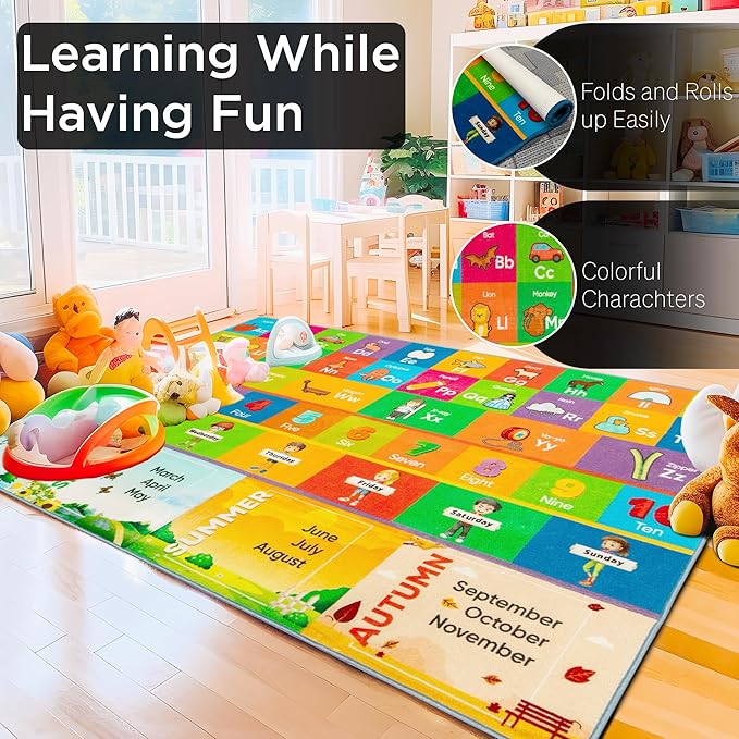 ABC Rug - Educational Rug for Kids, Classroom & Playroom, Durable & Washable, 33 sq ft, Red, Letter Print, Rectangular, Non Slip, Parent (6.5 FT X 5 FT)