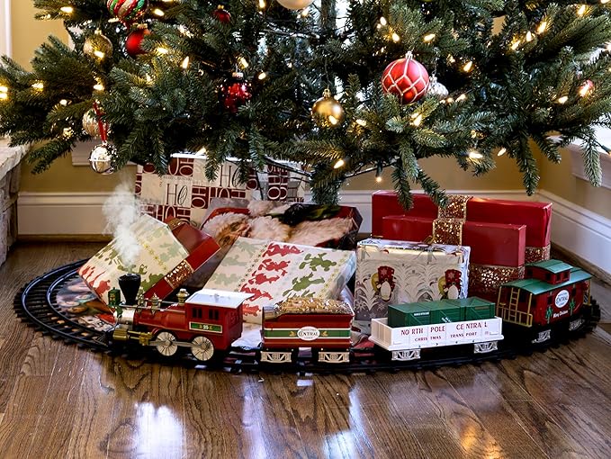 Lionel Battery-Operated North Pole Central Freight Toy Train Set with Bluetooth, Locomotive, Train Cars, & Track with Authentic Train Sounds, Lights, & Water Vapor Smoke Effects for Kids 4+