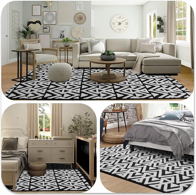 Ompaa Ultra Soft Geometric Bedroom Rugs Memory Foam Carpet, Black 5 x 8 Feet, Cozy Area Rugs for Living Room Couch Dorm Bedside Kids Girls Teens Room Nursery Decor Floor Mat
