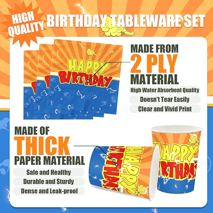 168Pcs Anime Theme Party Supplies Blue and Orange Dragon Paper Plates and Napkins Cartoon Anime Birthday Decoration Tableware Set for Kids Boys 24 Guests Birthday Party