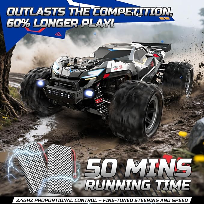 DEERC Brushless Fast RC Cars for Boys & Adults, 55KM/H, 1:18 Off-Road RC Truck, All Terrain 4x4 Racing Mecha Car, 50 Mins, Waterproof Remote Control Monster Truck, Compatible with 3S Battery