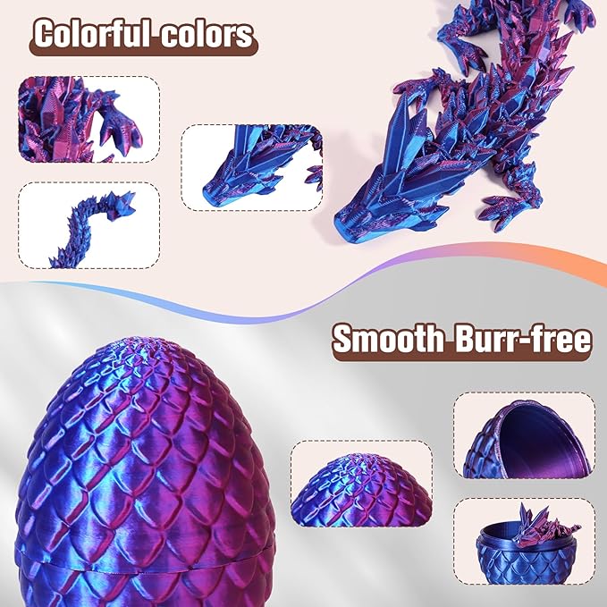 12''3D Printed Dragon and 4.73''Egg - 3D Printed Toys, Articulated Crystal Dragon Egg with Dragons Inside Fidget Toy, Decor Dragons Collectible Figurines(Blue Purple,12inch)
