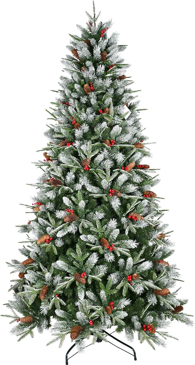 6 Ft Artificial Christmas Tree Pre-Decorated with Snow Flocked PVC&PE Tips, Pine Cones, Red Berries, Unlit Xmas Tree with Metal Stand for Hoilday Office Outdoor Christmas Decoration(Green White)