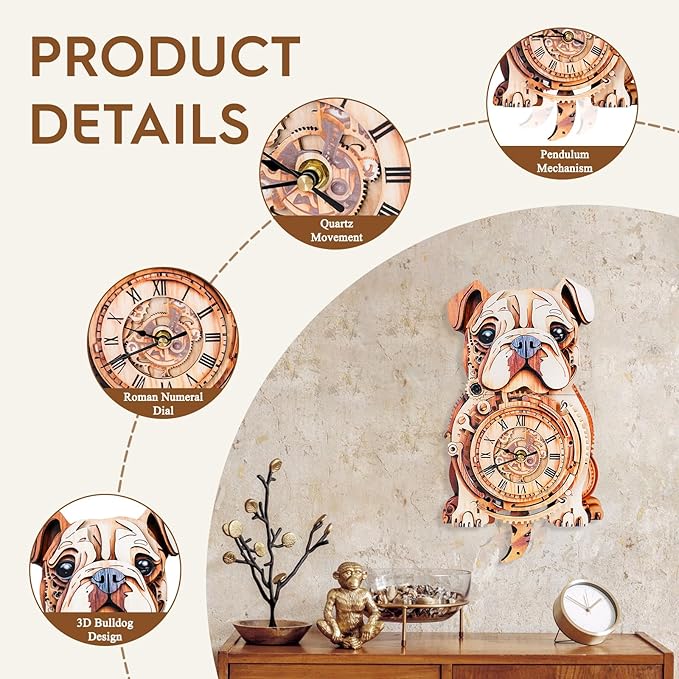 3D Puzzle for Adults Bulldog Clock - Mechanical DIY Wall Clock Kit Model Building Set Hobbies for Women Men Puzzle Home Decor & Stress Relief Craft Unique Gift for DIY Lovers