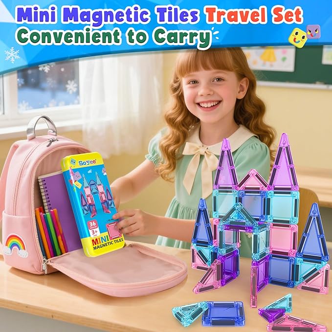 Soyee Magnetic Tiles Toddler Toys Travel Essential Games Magnet Building Blocks STEM Sensory Educational Toys for 3 4 5 6 7 8+ Year Old Boys Girls Christmas Birthday Gifts