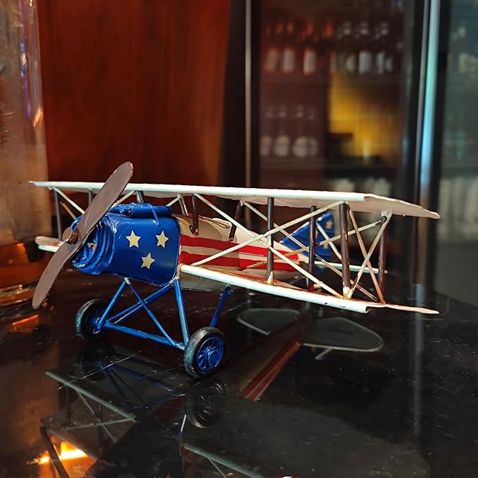 Vintage American Airplane Model Decor Nostalgic Aviation Military Handmade Metal Diecast Biplanes WW1 Style Decoration for MancaveTabletop Office Shelf Bar Collectible Aircraft Gift