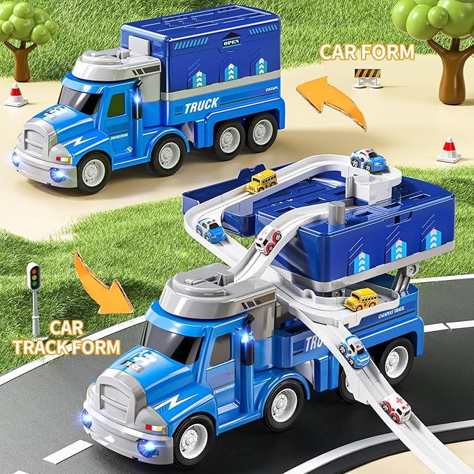 2 in1 Carrier Toy Trucks for Kids 3 4 5 6 Years Old - Vehicle Toys with 8 City Cars, Transport Race Tracks with Light and Music, Educational Car Games Gift for Toddler Ages 2-4 3-5 4-6 (Blue)