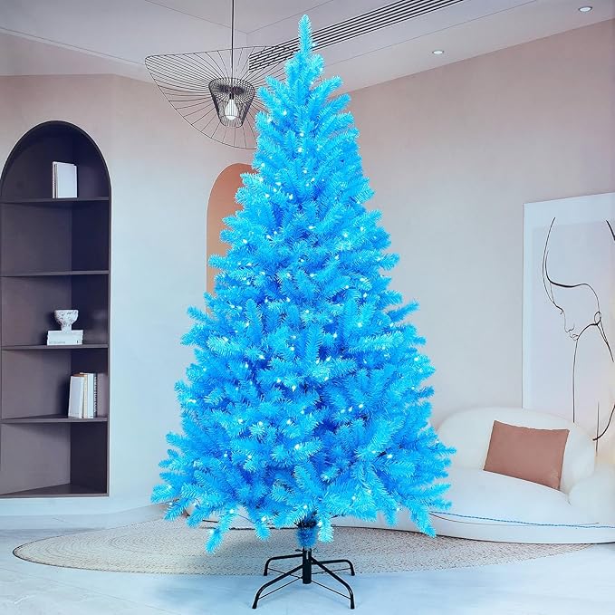 YULETIME 6.5ft Pre-Lit Blue Christmas Tree, Artificial Holiday Decorative Tree with UL Listed 300 Blue LED Christmas Lights (Blue)