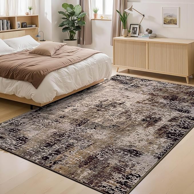 Ompaa Living Room Rug 5x7 Brown Area Rug Machine Washable Boho Coffee Rug Non Slip Abstract Vintage Indoor Large Rugs for Bedroom, Classroom, College Dorm, Farmhouse, Dining Room, Kids Playroom