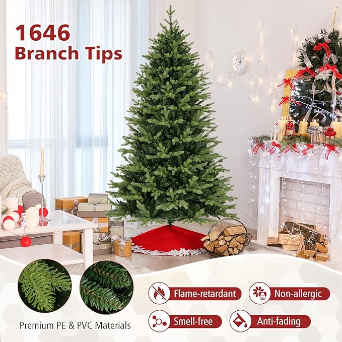 GOFLAME 7FT Prelit Artificial Christmas Tree, Hinged Christmas Tree with 470 LED Lights, 11 Lighting Modes, 1646 PE & PVC Branch Tips, Holiday Decoration Tree with Remote, Timer, Adjustable Brightness