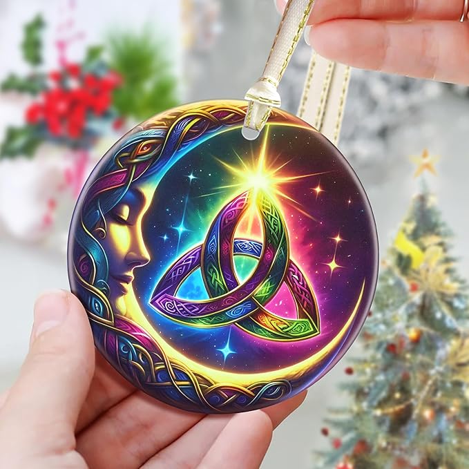 3.5 Inch Ceramic Christmas Tree Ornament, Moon Celtic Christmas Ornaments, Heirloom Keepsake, Gift Exchange, Gift Idea, Bauble Present
