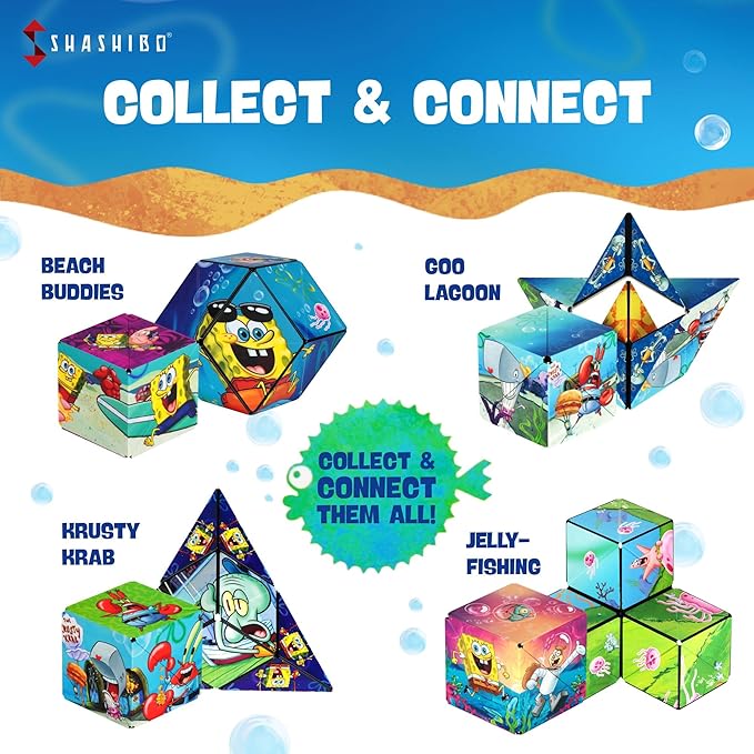 SHASHIBO Spongebob Squarepants Shape Shifting Box - STEM Magnetic Fidget Cube That Transforms Into Over 70 Shapes, Download Fun in Motion Toys Mobile App (Beach Buddies)
