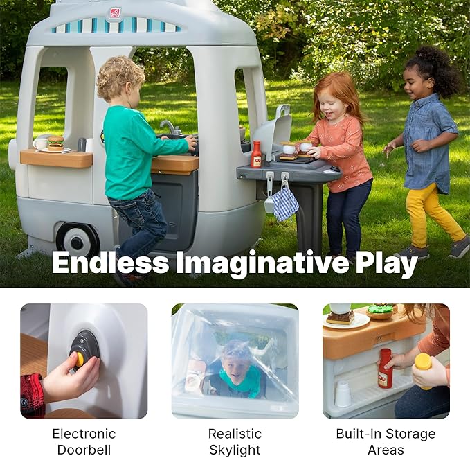 Step2 Adventure Camper Kids Playhouse, Indoor/Outdoor Playset & Kitchenette, Interactive Play with Sounds, Includes 52 Piece Toy Accessories, Made of Durable Plastic, For Toddlers 2+ Years Old