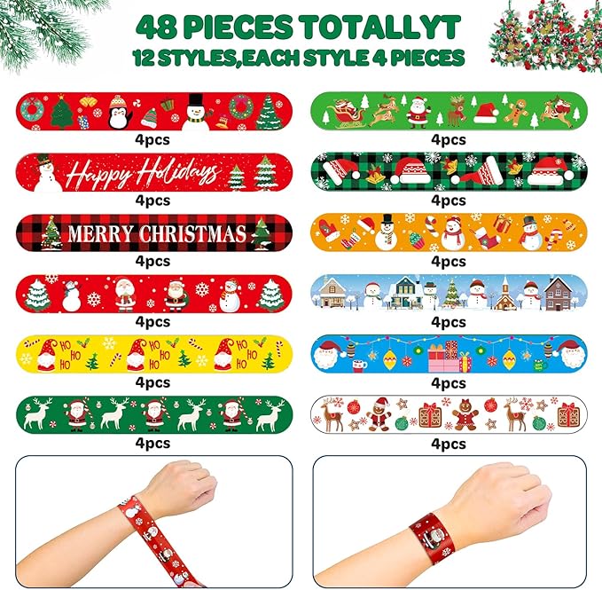 48 Pcs Christmas Slap Bracelets - 12 Styles for Party Favors, Stocking Stuffers & Decorations