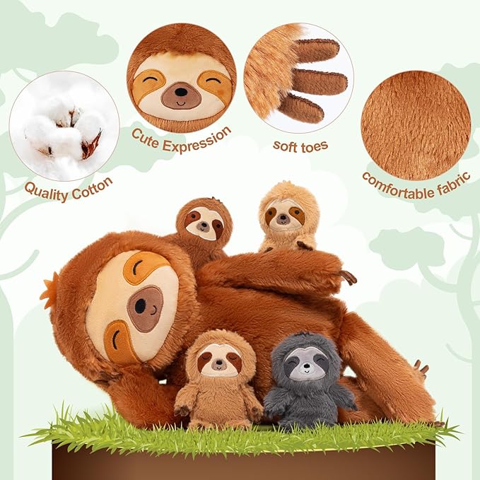 OUOZZZ Sloth Stuffed Animal with Babies Inside - 19" Plush Toy with 4 Baby Sloths - Gift Present Toys for Girls, Boys, Kids, Toddler