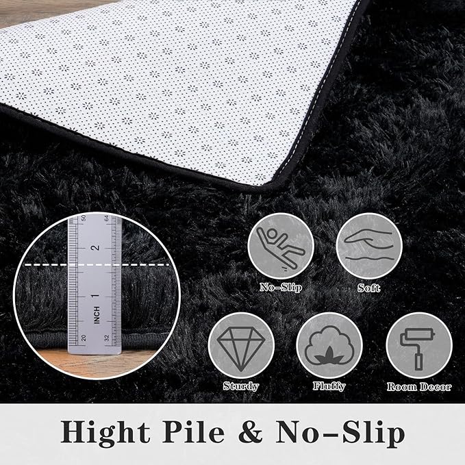 5'x7' Super Fluffy Rug for Bedroom, Modern Shag Black Area Rugs, Soft and Cozy Plush Large Carpet for Kids, Girls Boys and Teens Decorations for Living Room Dorm Nursery Classroom, Black
