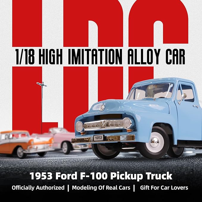 1953 Ford F-100 Pickup Truck 1/18 Scale Die-Cast Metal Model Alloy Collection Cars with Display Case, with Opening Doors, Best Gift for Men, Dad & Kids 14+ Years(Light Blue)