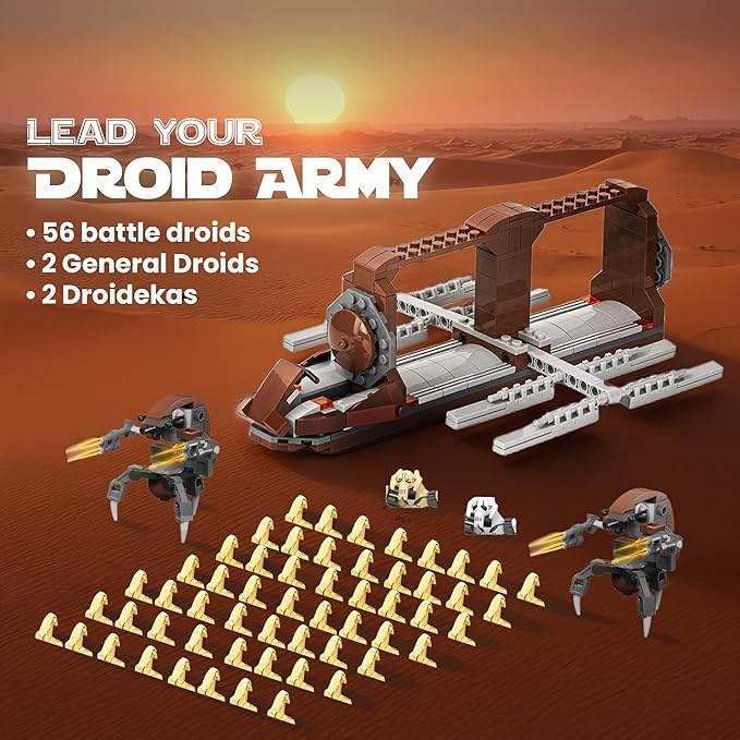 58-Piece Battle Droid Platoon Carrier Attack Craft with 2 Droideka, Building Blocks Compatible with Major Brands, Battle Soldiers Action Figures with Weapons, Clone Army Building Kit for Star Fans