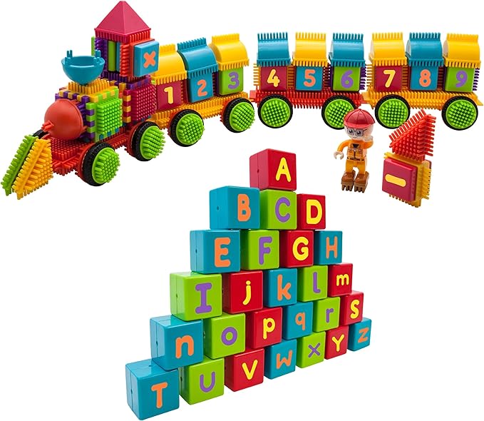 Picasso Toys PTB103 Alphabet & Numerical Train 103pc Hedgehog Block Shape Blocks Building Tiles Set Construction Learning Toy Stacking Educational Block, Creativity Beyond Imagination, Inspirationa
