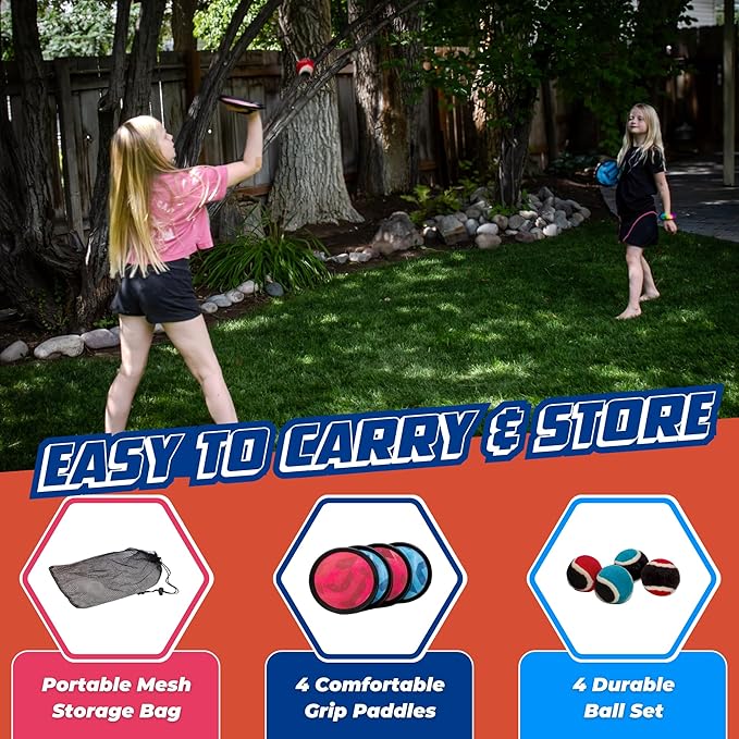 Toss and Catch Ball Set - Modern Ball and Catch Game with 4 Paddles and 4 Balls. Toss and Catch Game Set Includes mesh Storage Bag - Durable Modern Design