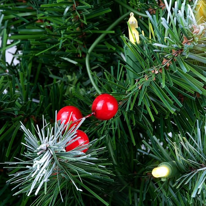 YULETIME 6.5ft Pre-Lit Christmas Tree, Snowy Artificial Holiday Decorative Tree with UL Listed 300 Warm White LED Christmas Lights, Pinecones, Red Berries (6.5' Snowy Warm White)