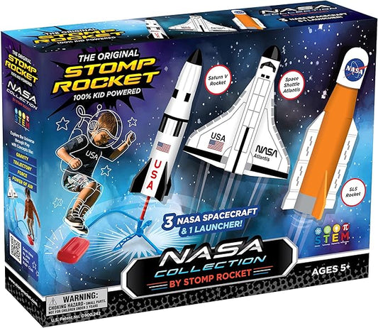 Stomp Rocket Space Collection Rocket Launcher for Kids, 3 NASA Rockets - Backyard & Outdoor Fun Toy Gift for Boys & Girls - STEM Soft Foam Blaster Set Soars Up to 100 Feet - Ages 5 & Up