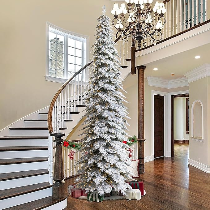 Glitzhome 15ft Pre-Lit Flocked Pencil Artificial Christmas Tree, Large Holiday Xmas Tree Chicago Frostwood Spruce with 1400 Warm White Lights and Sturdy Metal Stand for Home, Office, Party Decoration