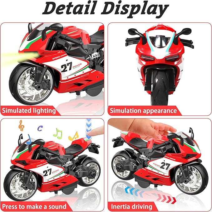 4-Pack Pull-Back Motorcycle Toys - Friction Powered Kids Toy Cars with Lights, Sounds & Automatic Drive for Boys & Girls Aged 3-12