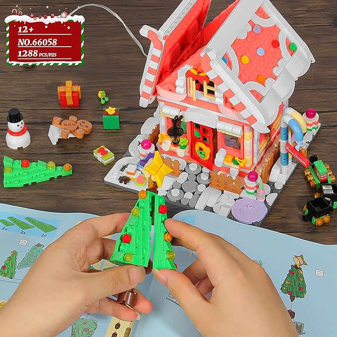 Gingerbread House Building Blocks for Girls Age 8-12 with LED Lights, Dark Pink Christmas Village House Blocks Set with Christmas Tree and Train, 1288 Pcs