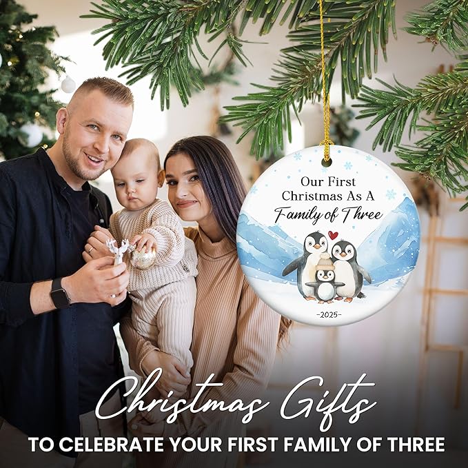 OASSIE Baby's First Christmas Ornaments 2025 - Ceramic Christmas Ornaments 2025 for Tree Decorations - Gifts for New Mom Dad Parents Couples, Family of Three, Pregnancy Announcement for Grandparents