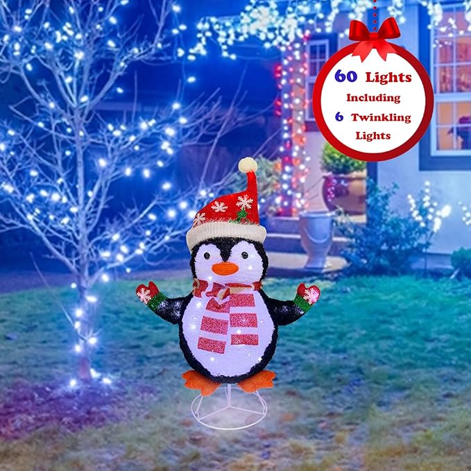 Lighted Penguin Outdoor Christmas Decorations, Pop-Up Christmas Penguin Outdoor Décor Prelit 60 Lights, Collapsible Light Up Red Penguin Christmas Decorations for Home Porch, Yard, Garden-Red