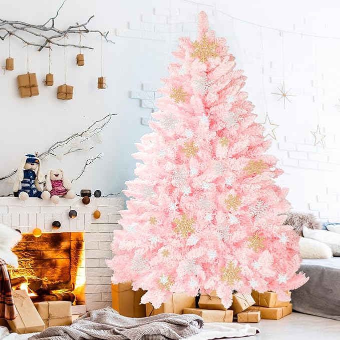 SUNCROWN 6ft Artificial Flocked Christmas Tree Premium Frosted Snow Christmas Tree Hinged Xmas Tree Holiday Decor for Indoor Outdoor, Foldable Metal Stand, 1000 Branch Tips, Pink