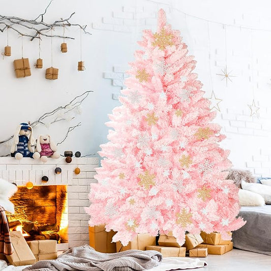 SUNCROWN 6ft Artificial Flocked Christmas Tree Premium Frosted Snow Christmas Tree Hinged Xmas Tree Holiday Decor for Indoor Outdoor, Foldable Metal Stand, 1000 Branch Tips, Pink