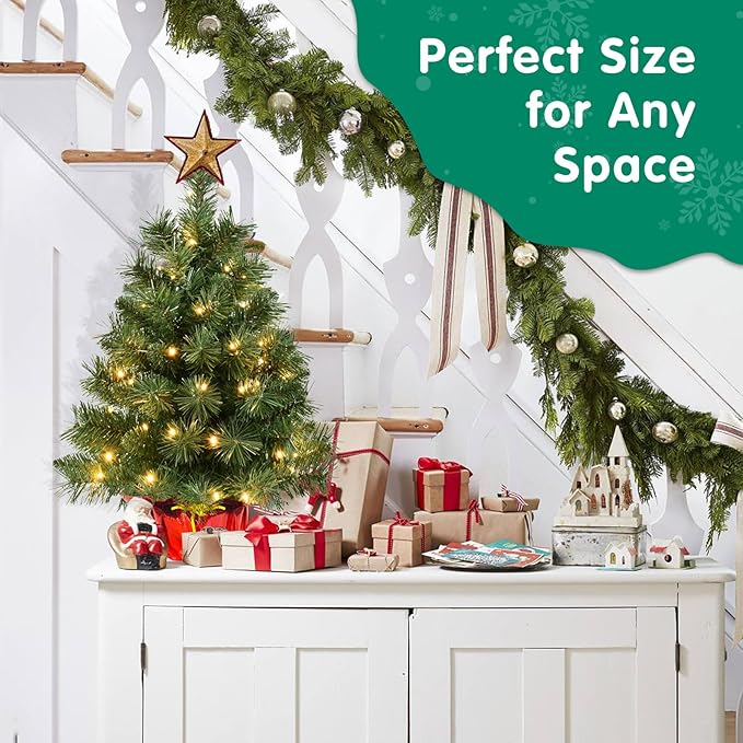 Pre-lit 2ft Small Christmas Tree, Leeheeyee Artificial mini Christmas Tree with 50 LED Lights, Battery Operated Tabletop Xmas Tree with Burlap Base for Table Desk Home Christmas Decor