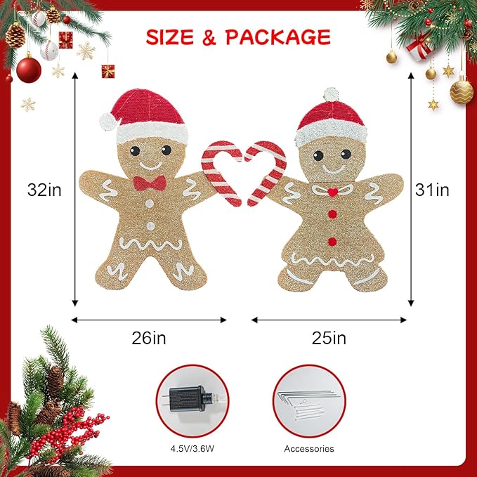 2D Light Up Gingerbread Man Christmas Decorations, 32 Inch Lighted Christmas Outdoor Decorations Yard with 100L, 2Pcs Gingerbread Man Couple Xmas Festive Holiday Front Garden Patio Yard Lawn Display